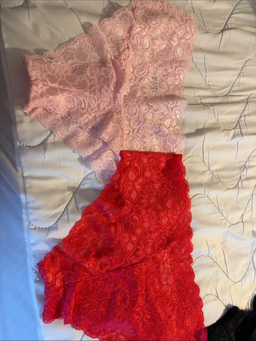 Quince Lace Cheeky 3 Panty Set — Red, Black & Pink. Large. Nylon/ spandex. - Picture 2 of 9